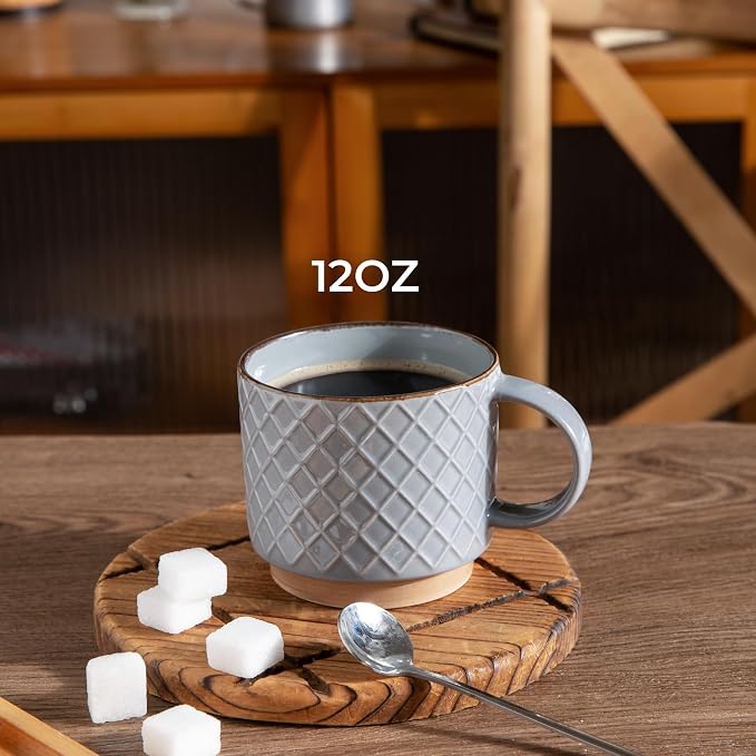 GBhome 12 OZ Stackable Coffee Mugs Set of 4, Ceramic Coffee Cups Set | 4 Assorted Designs, Embossed Mugs with Texture Patterns for Tea/Coffee, Dishwasher&Microwave Safe, Gray