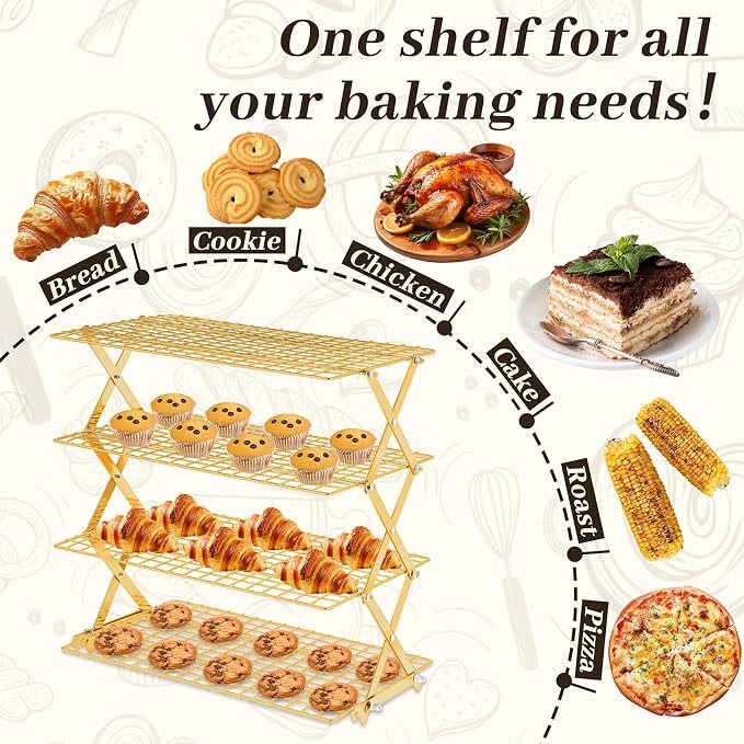 Pleafind 4 Tier Gold Collapsible Cooling Rack - 3 Setting Design, Adjustable ＆ Stackable Baking Rack, 5 Modes Cooling Racks for Cooking and Baking, Roasting ＆ Grilling Gifts for Picnic Party