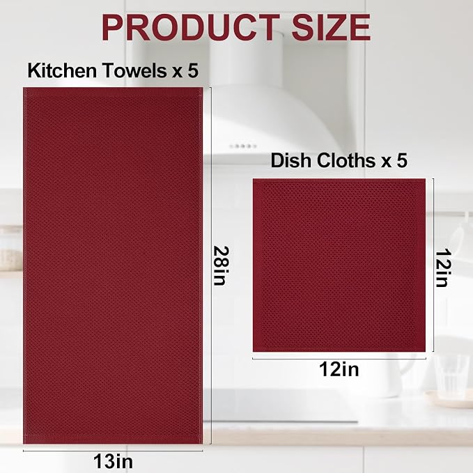 Homaxy 10 Pack 100% Cotton Kitchen Towels and Dishcloths Set, Burgundy | 12 x 12 Inches and 13 x 28 Inches Kitchen Towels Set, Ultra Soft Absorbent Dish Cloths for Washing Dishes