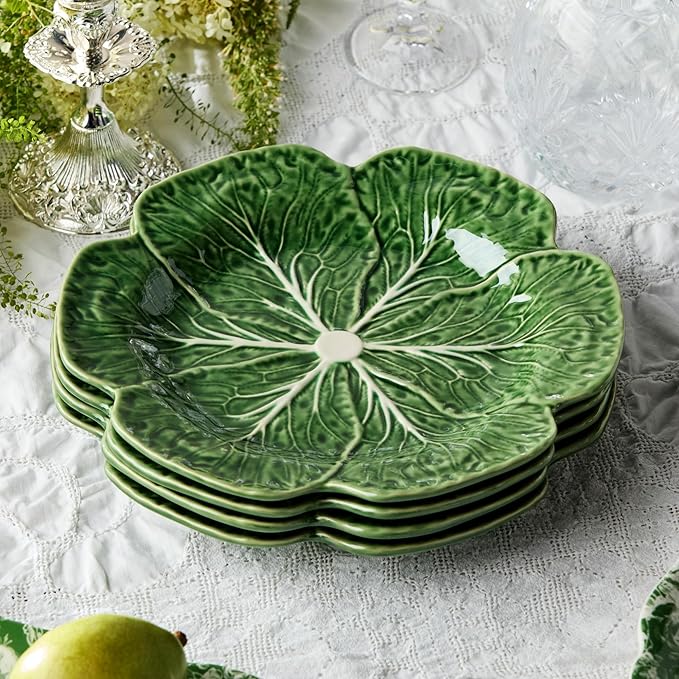 Le Jardin Green Cabbage Plates - Dinner, SET OF FOUR -11" Sculpted Green Stoneware Leaf Plates – Seasonal Garden-Inspired Tableware for Spring & Summer Dining and Entertaining