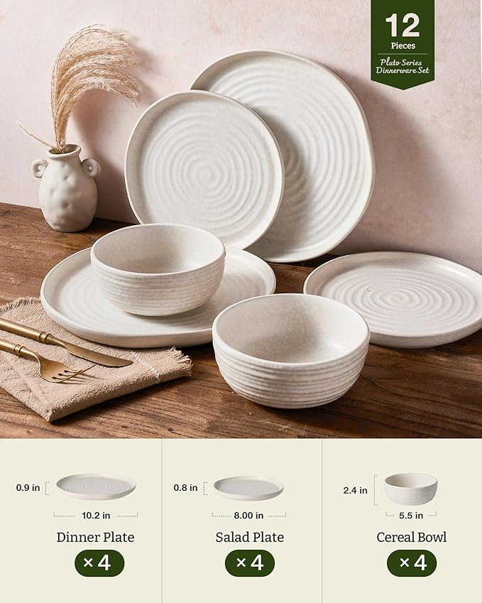 Famiware Pluto 12-Piece Stoneware Dinnerware Set, Matte Beige White | Double Reactive Glaze Plates and Bowls, Service for 4, Dishware Sets for Everyday & Formal Dining, Irregular Edge Dishes
