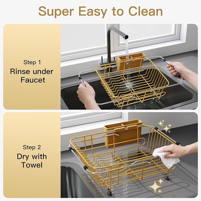 JASIWAY Gold Dish Drying Rack in Sink with Utensil Holder, RV, Apartment | Over Sink Expandable Stainless Steel Dish Drainers for Compact Kitchen, Space Saving, Fast Drain, Rustproof, For 1-2 people