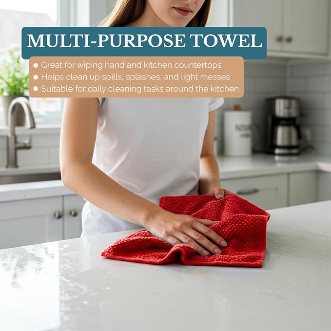 Casa Platino Kitchen Towel Set 8 Pc - 4 Dish Towels (16"x26") & 4 Dish Cloths for Washing Dishes (13"x13") - Cotton Rich, Absorbent, Quick Dry & Durable Kitchen Hand Towels for Wiping Dishes - Red.