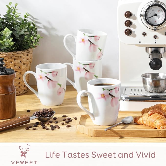 VEWEET Coffee Mugs Set of 6, 11 OZ Floral Ceramic Mugs, ANNIE | 11 OZ Floral Ceramic Coffee Mugs ANNIE Series, Microwave and Dishwasher Safe, Perfect for Tea, Coffee, and Gifting