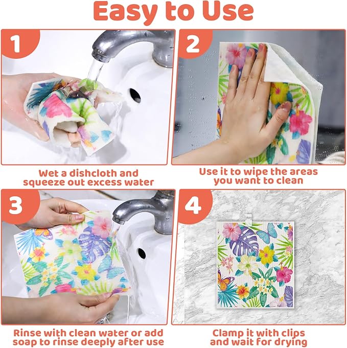 Needbrock 6 Pack Spring Floral Swedish Dishcloths for Kitchen, Swedish Rag | Absorbent Dish Towel with Adhesive Clips, Reusable Paper Towels No Odor for Countertop Dishes Cleaning Kitchen