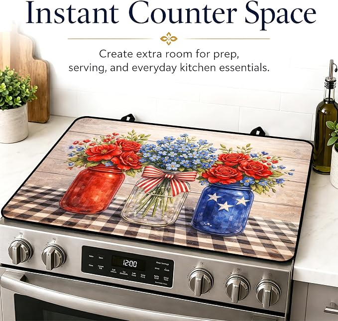 Patriotic Electric Stove Top Cover | Heat Resistant Glass Cooktop Protector for Kitchen Ceramic Countertops, Multiuse Stove Cover and Dish Drying Mat