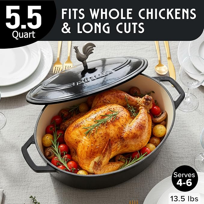 MUELLER HOME 5.5 Quart Enameled Cast Iron Oval Dutch Oven with Rooster Knob & Cotton Potholders, Heavy-Duty Cookware, Oven-Safe up to 500° F & Across All Cooktops, Gifts for Grandma & Women, Black | Rooster Knob, Cotton Potholders Included, Oven-Safe u...