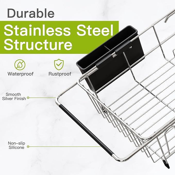 JASIWAY in Sink Dish Drying Rack with Mat, Cups and Utensil Holder | Use Over the Sink or Counter, Stainless Steel Expandable Dish Drainer for Small Kitchen, Space Saving, Fast Drain, Rustproof