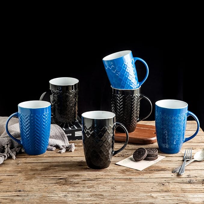 AmorArc 20 oz Large Coffee Mugs Set of 6, Tall Ceramic Coffee Cups | 3 Assorted Designs, Embossed Ceramic Coffee Mugs with Large Handle for Coffee/Tea/Cappuccino, Dishwasher&Microwave Safe