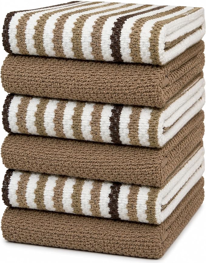 Bumble Kitchen Towels 6 Pack 100% Cotton 16"x26" - Tan Wide Stripe | 430 GSM Soft Kitchen Hand Towels with Hanging Loop, Highly Absorbent & Durable for Washing and Drying Dishes