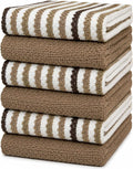 Bumble Kitchen Towels 6 Pack 100% Cotton 16"x26" - Tan Wide Stripe | 430 GSM Soft Kitchen Hand Towels with Hanging Loop, Highly Absorbent & Durable for Washing and Drying Dishes