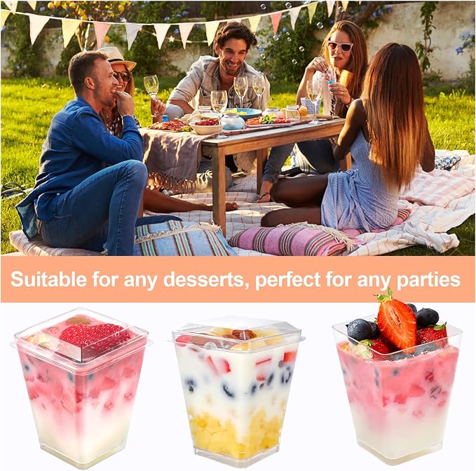 EASERCY 100 Pack 5 oz Plastic Dessert Cups with Lids, Yogurt Parfait/Appetizer Cup with Lids for Party, Mini Dessert Cups with Spoons Dessert Shooter Cups for Pudding, Fruit and Ice Cream