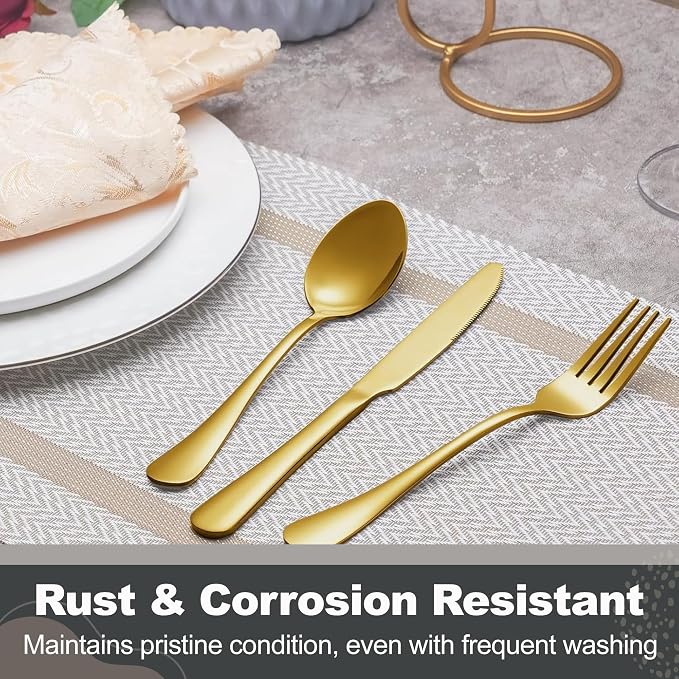 Runfly 60-Piece Gold Flatware Set, Stainless Steel Cutlery Set for 12 | Mirror Polished Durable Utensil Set Includes Knife Fork Spoon for Home Kitchen Restaurant Tableware