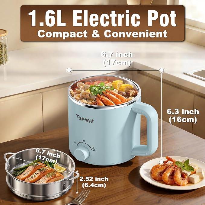 Topwit 1.6L Electric Pot, Stainless Steel Ramen Cooker with Steamer | Dual Power Setting, Cooking for Hot Pot, Pasta, Oatmeal, Soup & Egg, Overheat & Boil-Dry Protection, for Dorm & Office