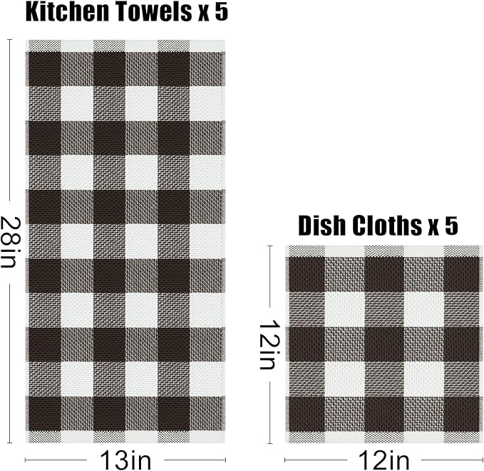 Homaxy Kitchen Towels and Dishcloths Set, Set of 10, White & Dark Brown | Bulk Cotton Waffle Weave Check Plaid Kitchen Towels, Super Soft and Absorbent Dish Cloths, 12 x 12 and 13 x 28 Inches