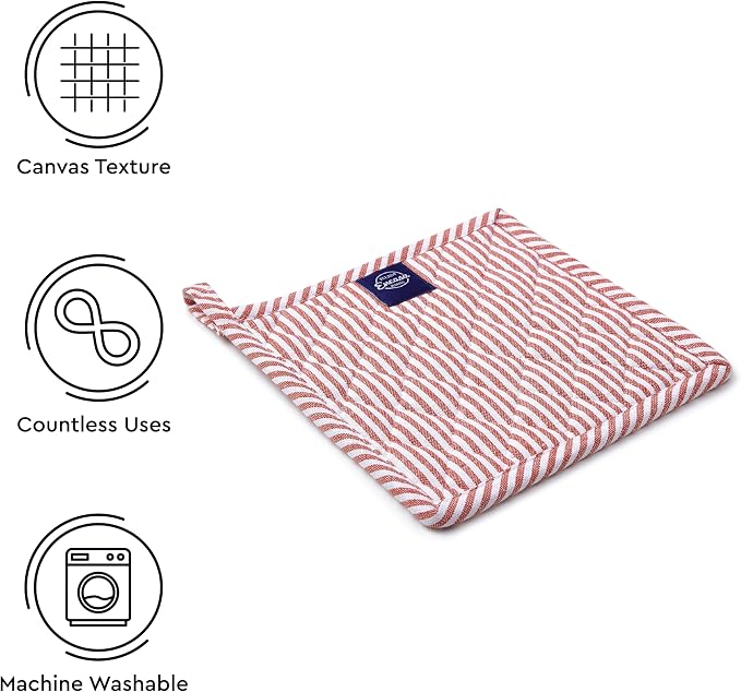Encasa XO Pot Holders, Quilted Kitchen Hot Pads 8"x8" Ticking Red | 100% Eco-Friendly Cotton | Thick Cotton Padding Insulation | Convenient Hanging Loop | Set of 2