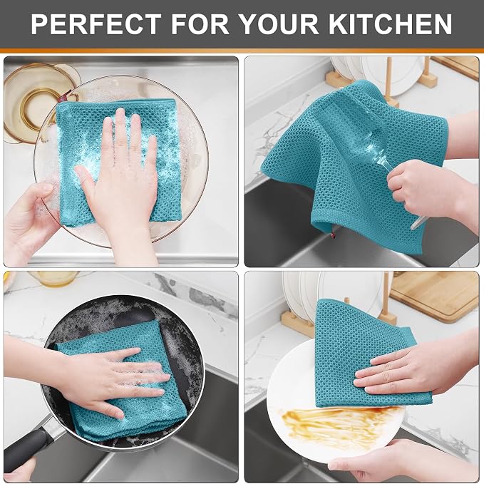 Kitinjoy 100% Cotton Waffle 6-Pack Kitchen Towels, 12" x 12", Lake Blue | Ultra Absorbent, Super Soft, lightweight, Quick Drying Dish Rags for Washing Dishes