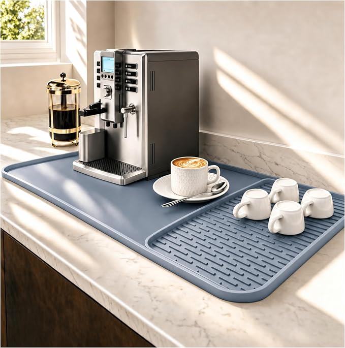 CAKETIME 2 In 1 Silicone Coffee Bar Mat Accessories for espresso Machine with Detachable Dish Drying Mat Rack Stone Heat Resistant Kitchen Office Home Essentials Barista Items Women Birthday Gifts