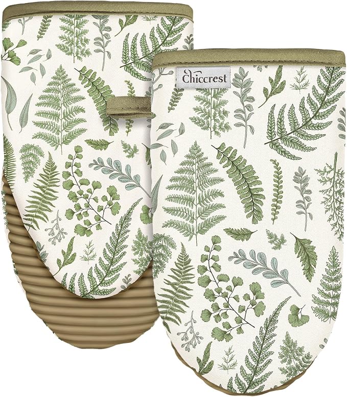 100% Thick Cotton Oven Mitts Ribbed Soft Silicone Natural Leaf | Aesthetic Oven Mitts for Women, Machine Washable Non-Slip Kitchen Mitts, Reversible for Both Hands, Stylish Kitchen Decor
