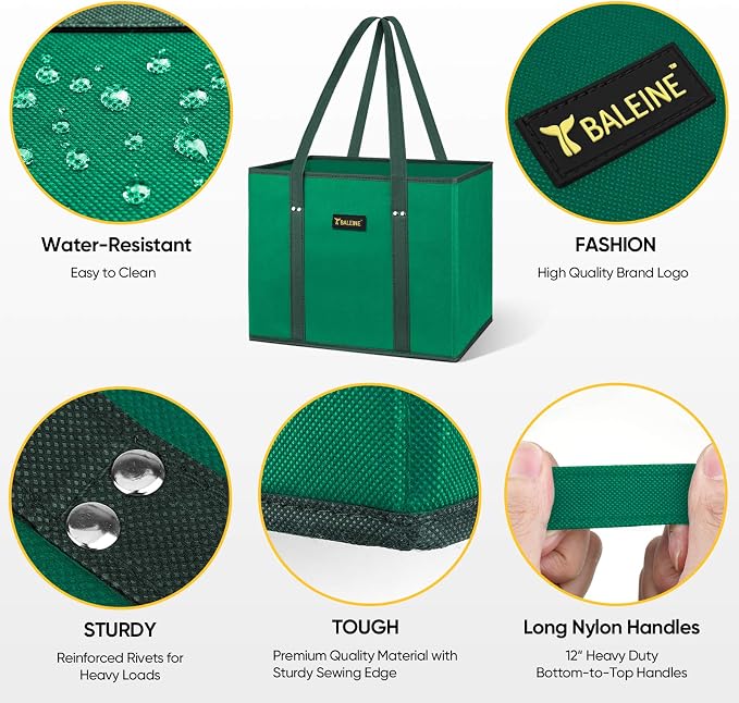 BALEINE 3PK Reusable Grocery Bags, Heavy Duty Shopping Tote Bag | 12'' Long Handles, Reinforced Bottom Keeps Upright, Fold Flat Storage, Water-Resistant Shopping Bag, Multiple Color Options