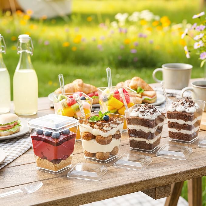 100 Pcs 5 oz Plastic Dessert Cups with Lids and Spoons, Clear Square Mini Dessert Cups for Pudding, Fruit, and Ice Cream, Yogurt Appetizer Cups for Party