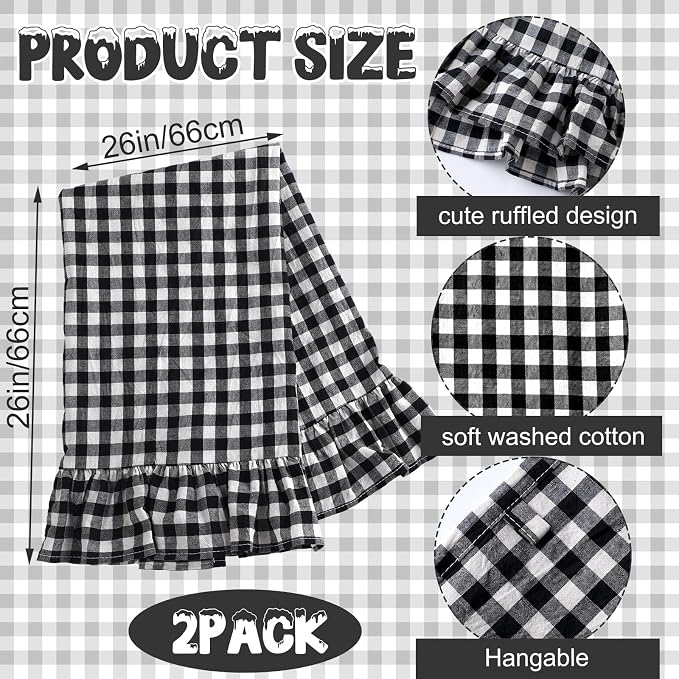 HunnmingRe 2 Pcs Matte Black Gingham Kitchen Towels Cotton Ruffled | Checked Dish Towels 18"x28" Tea Cloths Plaid Cottage Core Kitchen Decor for Farmhouse Charm Drying Dishes Entertaining Guests