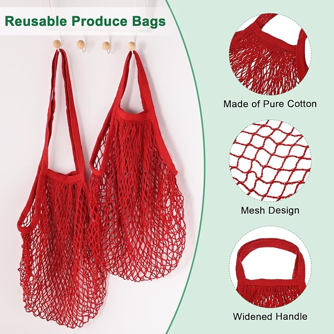 M METERXITY 2-Pack Cotton Mesh Bag, Reusable Washable Mesh Net String Grocery Bags, Reusable Produce Bags with Handle, Net Tote Bag for Fruits/Vegetables Shopping [Red, Long&Short Handle]