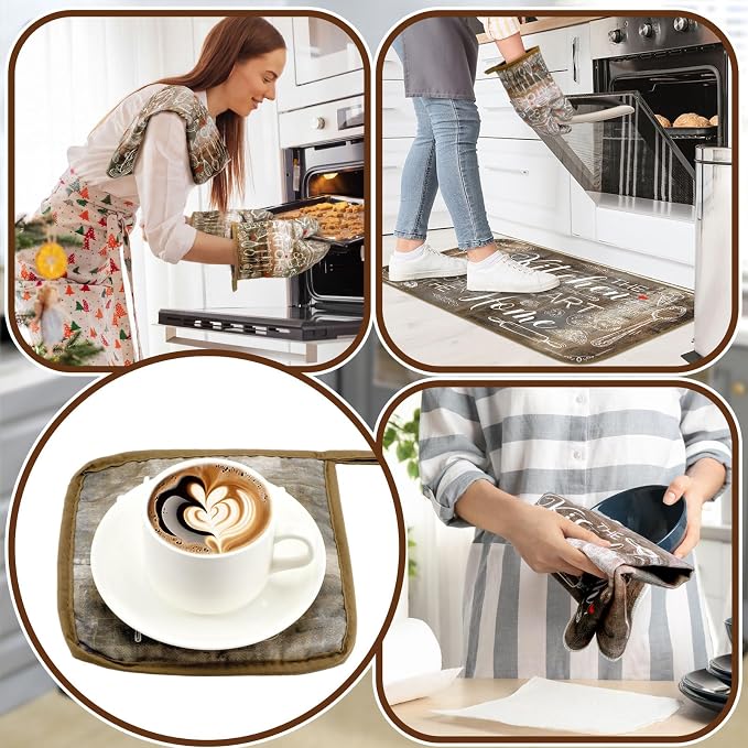 Fourluoo 10 Pcs Brown Kitchen Decor and Accessories Set Farmhouse Oven Mitts and Pot Holders Brown Dish Towels Kitchen Rugs and Mats for Home Decorations Baking Cooking Birthday Summer Gifts