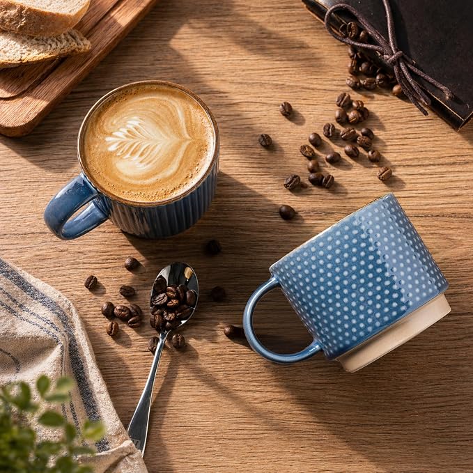 GBhome 12 OZ Stackable Coffee Mugs, Ceramic Coffee Mugs with Texture Patterns for Man,Woman,Dad,Mom, Modern Coffee Cups Set of 4 for Latte/Cappuccino/Cocoa. Dishwasher&Microwave Safe | 4 Assorted Designs, Embossed Mugs with Texture Patterns for Tea/Cof...