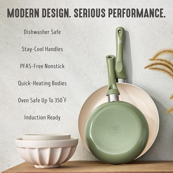 GreenLife 2 Piece (8" & 10") Ceramic Nonstick Skillet Set, Sage Green | PFAS-Free Nonstick Coating, Frying Pans, Omelet Pans, Everyday Pan, Induction Ready, All Stovetop Compatible, Dishwasher Safe