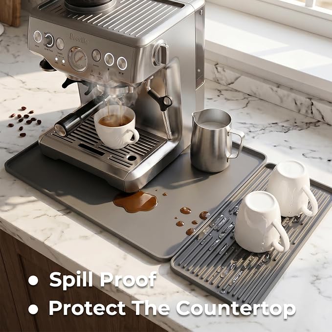24×16-inch Barista-Grade Coffee Station Mat: Catch Spills, Protect Countertops! Silicone, Water Resistant & Heat Resistant. Perfect Under, as Dish Dryer or Pet Mat.(Grey)