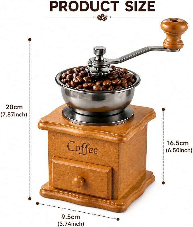 Vintage Wooden Manual Coffee Grinder, Hand Crank Coffee Mill with Ceramic Burr, Adjustable Grind Settings, Retro Coffee Bean Grinder for Home Use, Kitchen Decor, Gift for Coffee Lovers