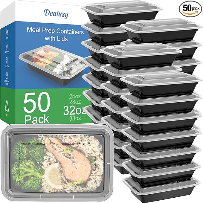 Dealusy 50 Pack (100-Piece) 32 oz Meal Prep Containers Reusable with Lids | Sturdy Leakproof & Food Safe, Microwave, Freezer, Dishwasher Safe Prep Containers, To Go Take Out Plastic Food Storage