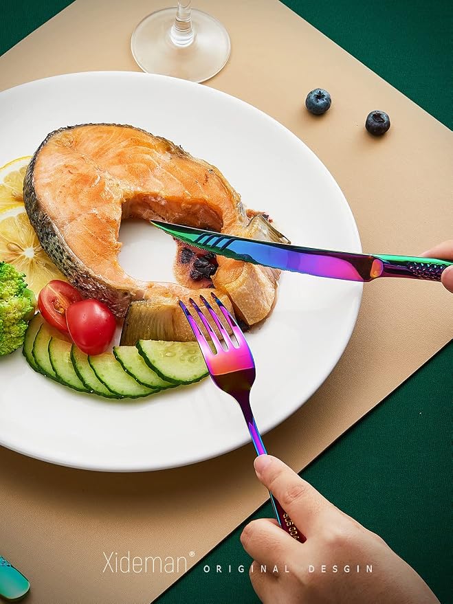 Xideman® 16-Pc Modern Rainbow Hammered 18/10 Stainless Steel Silverware Set | Ultra Sharp 2-IN-1 Serrated Knives, Ergonomic Non-Slip Handles, Service for 4, Rust Resistant, Dishwasher Safe