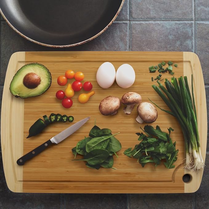 BambooMN Heavy Duty Premium Bamboo Two-Toned Cutting Board w/Hanging Hole - 17.25" x 11.75" x 0.75" - Grooved/Flat - 1 Piece