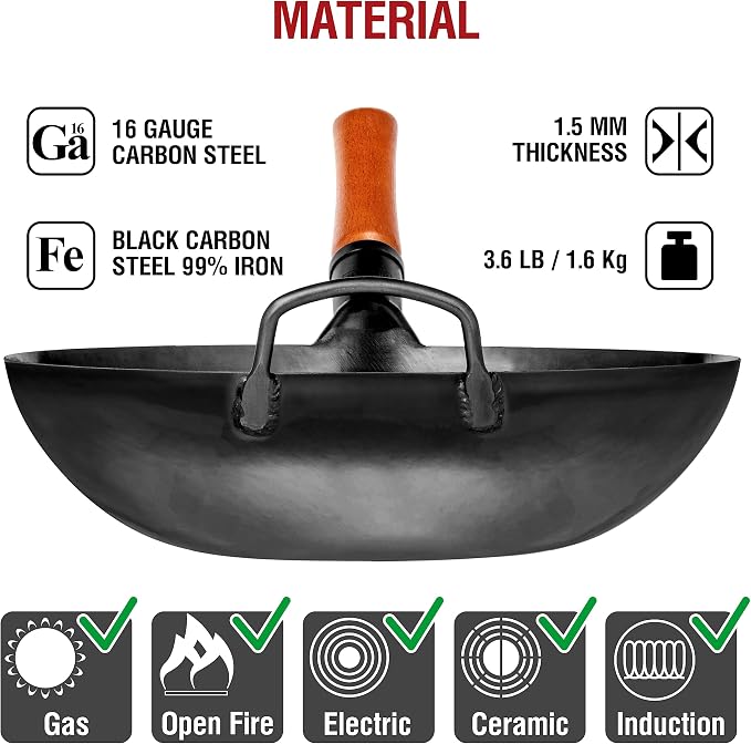 YOSUKATA 13.5" Carbon Steel Wok Pan – Pre-Seasoned Flat Bottom Pow Wok for Stir Fry, BBQ, Grill & Camping – Traditional Japanese Chinese Cookware – Compatible with Induction, Electric, Gas, Open Fire