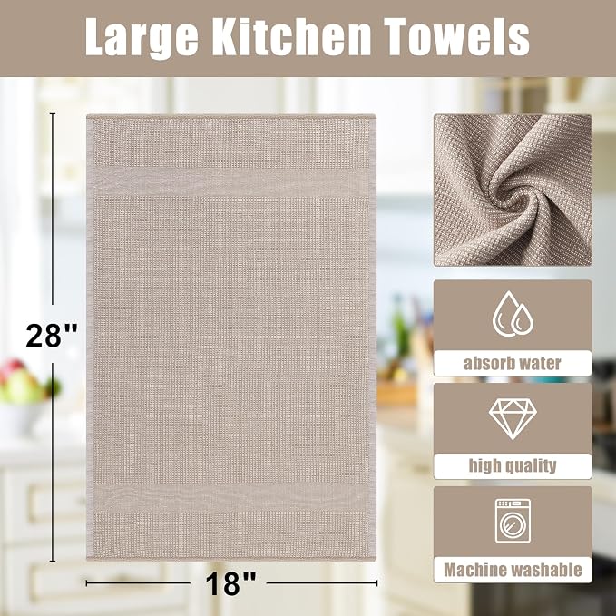Homaxy 380 GSM Cotton Premium Kitchen Towels 6 Pack, 18"x 28", Khaki | Flat and Terry Dish Towels, Highly Absorbent Tea Towel Set with Hanging Loop, Soft Utility Kitchen Hand Towels