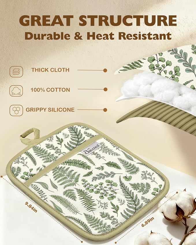 100% Thick Cotton Pot Holders Ribbed Soft Silicone Natural Leaf | Stylish Pot Holders with Pockets, Ribbed Soft Silicone, Machine Washable Non-Slip Heat Resistant Hot Pads 2pcs, Kitchen Gift