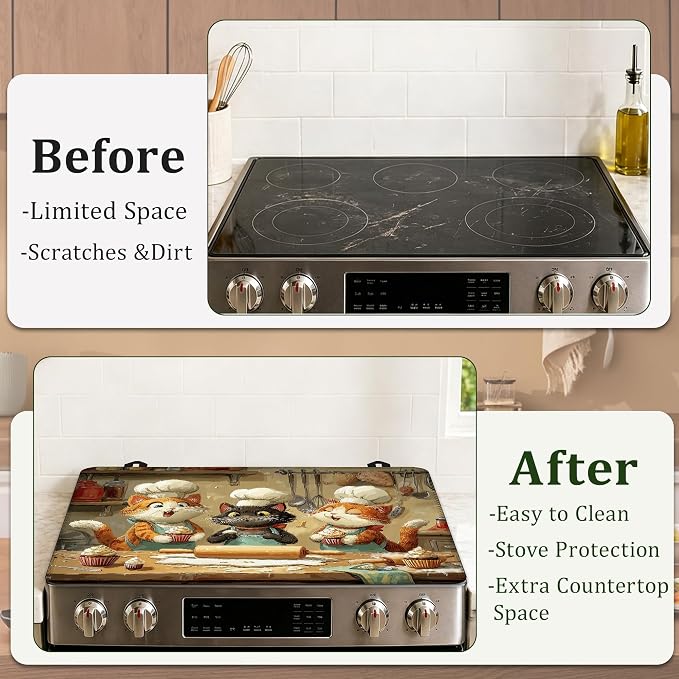 Cute Cat Chef Stove Top Cover Glass Cooktop Heat Resistant Cover,Ceramic Stove Top Covers Mat Prevents Scratching Stoves/Counter/Washer Protector,28.5x20.5 in