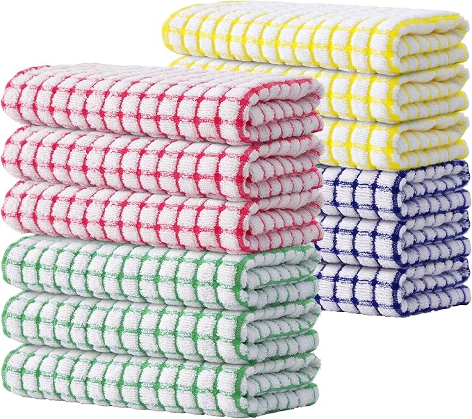 Kitinjoy Cotton 12 Pack Terry Kitchen Towels, Multiple Colour | 16 x 25 Inches Super Soft and Absorbent Dish Towels, Quick Drying hand towels for kitchen Drying