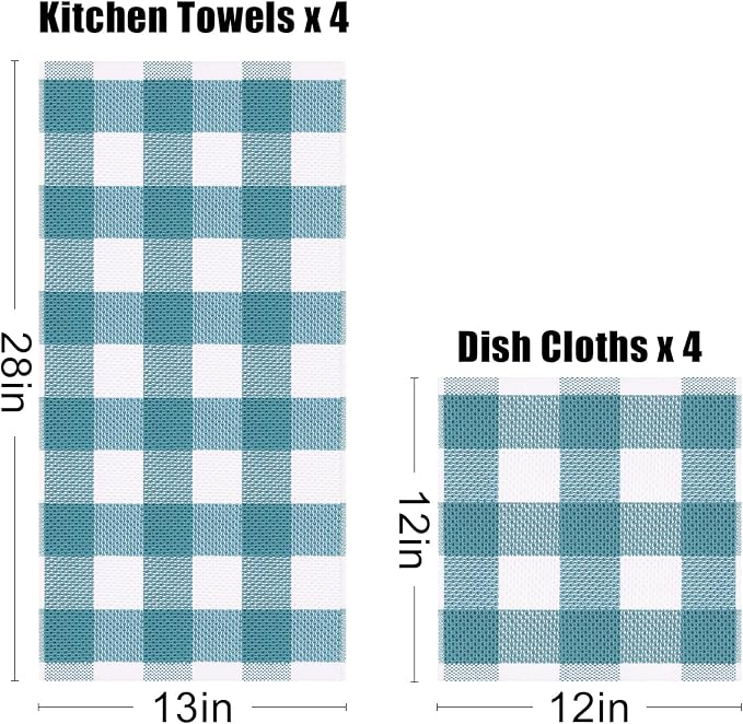 Homaxy Kitchen Towels and Dishcloths Set, Set of 8, White & Lake Blue | Bulk Cotton Waffle Weave Check Plaid Kitchen Towels, Super Soft and Absorbent Dish Cloths, 12 x 12 and 13 x 28 Inches