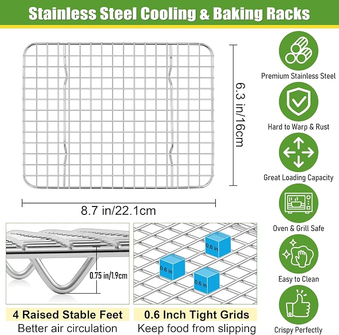 Homikit 8.7"x6.3" Stainless Steel Mini Cooling Rack Set Fit 9x7 Sheet Pan | 2 Pack Small Baking Bacon Racks, Wire Oven Rack for Cookie Bread Pizza, Metal Grilling Grids, Rust Free, Dishwasher Safe