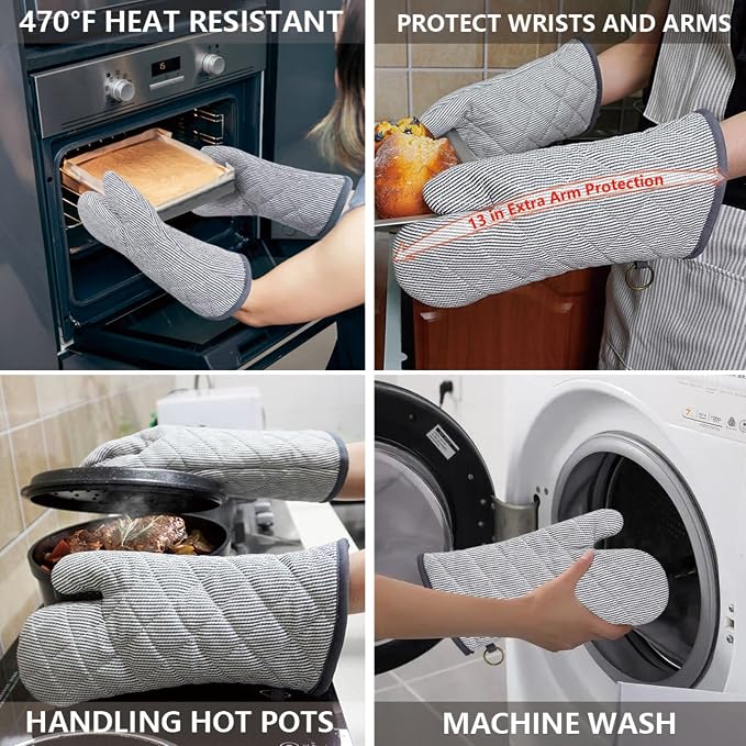 Yarn Dyed Oven Mitts 1 Pair, 100% Cotton Heat Resistant 470 Degree | Oven Gloves for Men Women Cooking Baking Barbecue BBQ Microwave Crafting Machine Washable Pot Holders Mittens (Grey 2)
