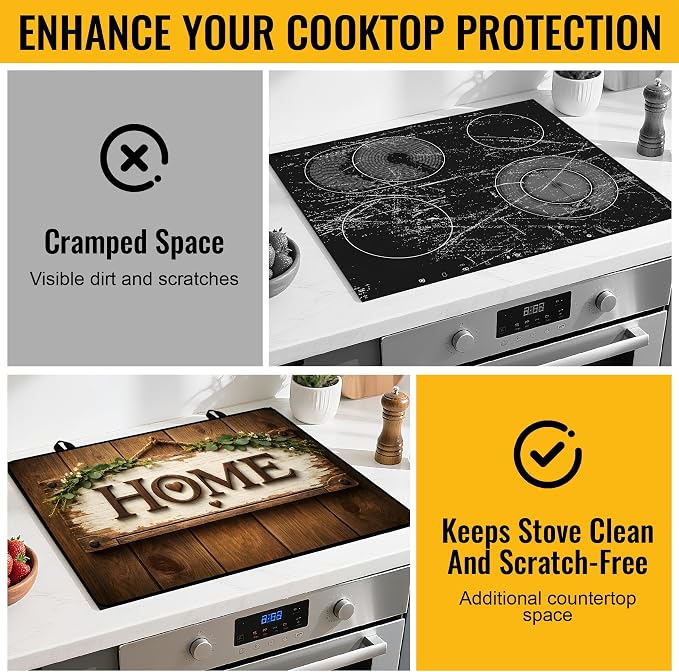 NYZE Extra Counter Space Stove Cover for Glass Top Stoves, 28" x 20" Rustic HOME Decorative Cooktop Protector, Heat Resistant Mat Pad for Kitchen Organization