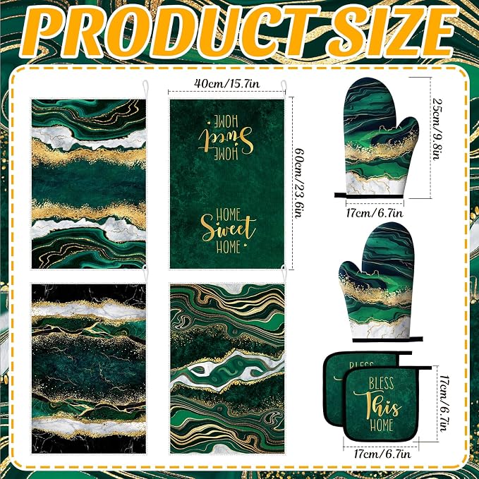Leinuosen 8 Pcs Green and Gold Marble Kitchen Towels and Dishcloths Sets Oven Mitts and Pot Holders Absorbent Kitchen Gloves Potholders Heat Resistant for Chef Baking Cooking