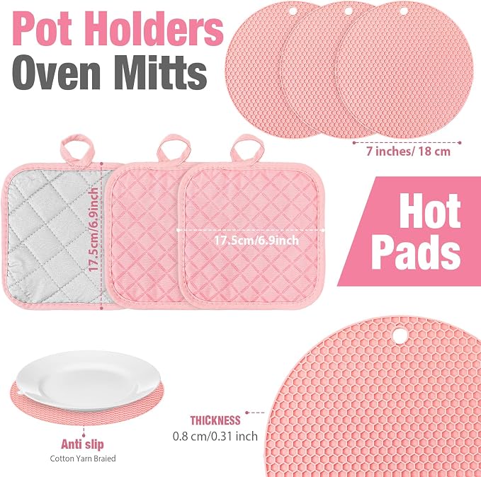 Pink Oven Mitts and Pot Holders 7 Sets, Pink, Rubber Cotton, Honeycomb | Heat Resistant Kitchen Gloves, Pads Pot Holders for Women, Chritsmas Gifts Kitchen Accessories Gift