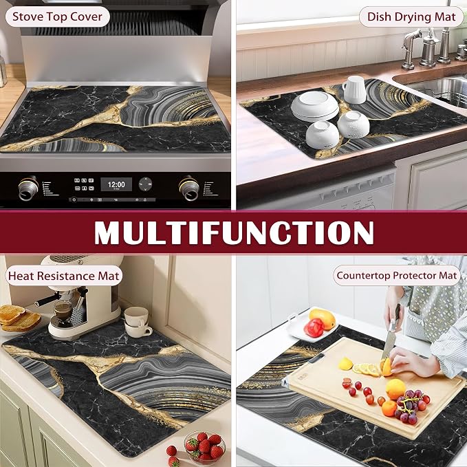 Black Gold Marble Electric Stove Top Cover Protector,Glass Flat Top Stove Mat,Heat-Resistant Oven Induction Cooktop Mat for Ceramic Countertop Mats Dish Drying Mat