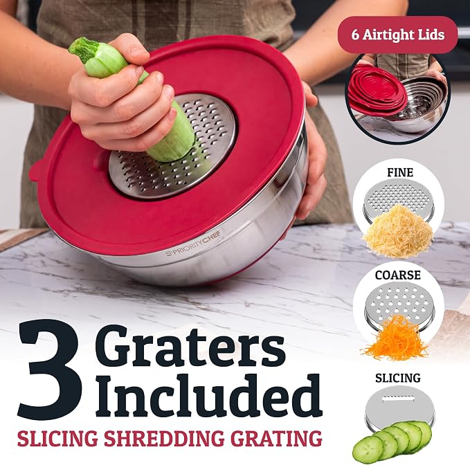 Priority Chef 6pc Stainless Steel Mixing Bowls with Lids Set, 7 Qt, Red | Non-Slip Nesting Bowls, 3 Graters and Interior Measurement Marks; For Meal Prep, Baking and Airtight Fridge Storage