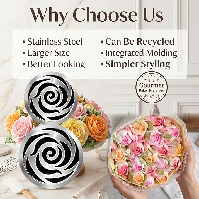 Extra Large Russian Piping Tips, 304 Frosting Tip & Reusable Cotton Bags | XL Rose Floral Piping Nozzles,Cake Flower Decoration, DIY Cream Bouquets, Cookies & Dessert Baking Tools