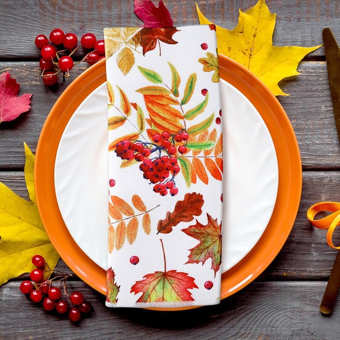 4 Pcs Fall Kitchen Towels Maple Leaves Hand Dish Towels Gift | Pumpkin Orange Fall Decor Absorbent Fast Drying Tea Cloth Housewarming Gift for Thanksgiving Autumn Cooking Kitchen Bathroom